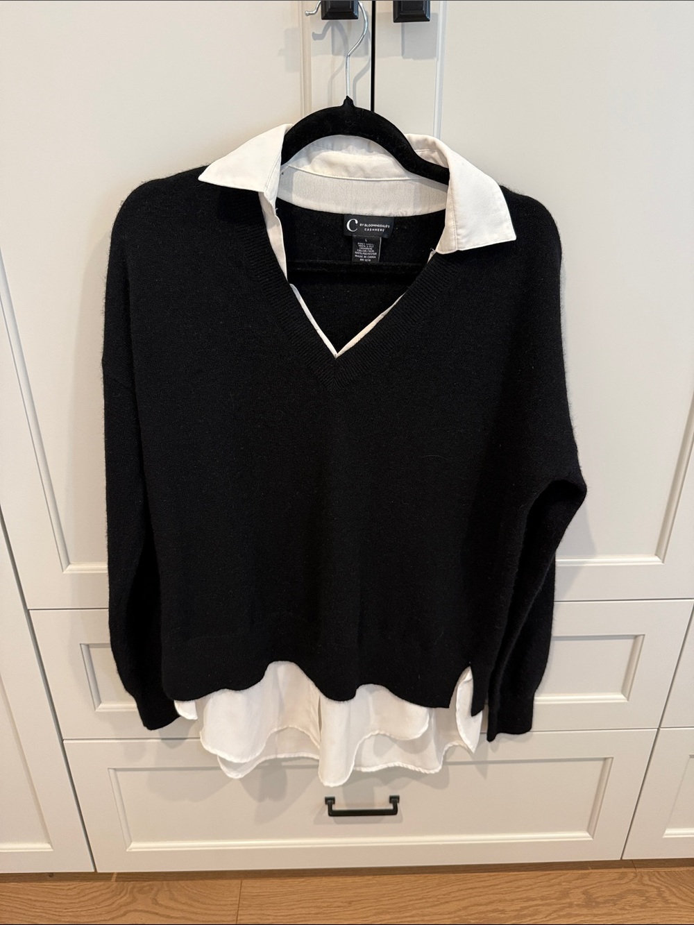 C by Bloomingdale's cashmere Black V-Neck Sweater with White Shirt Layering